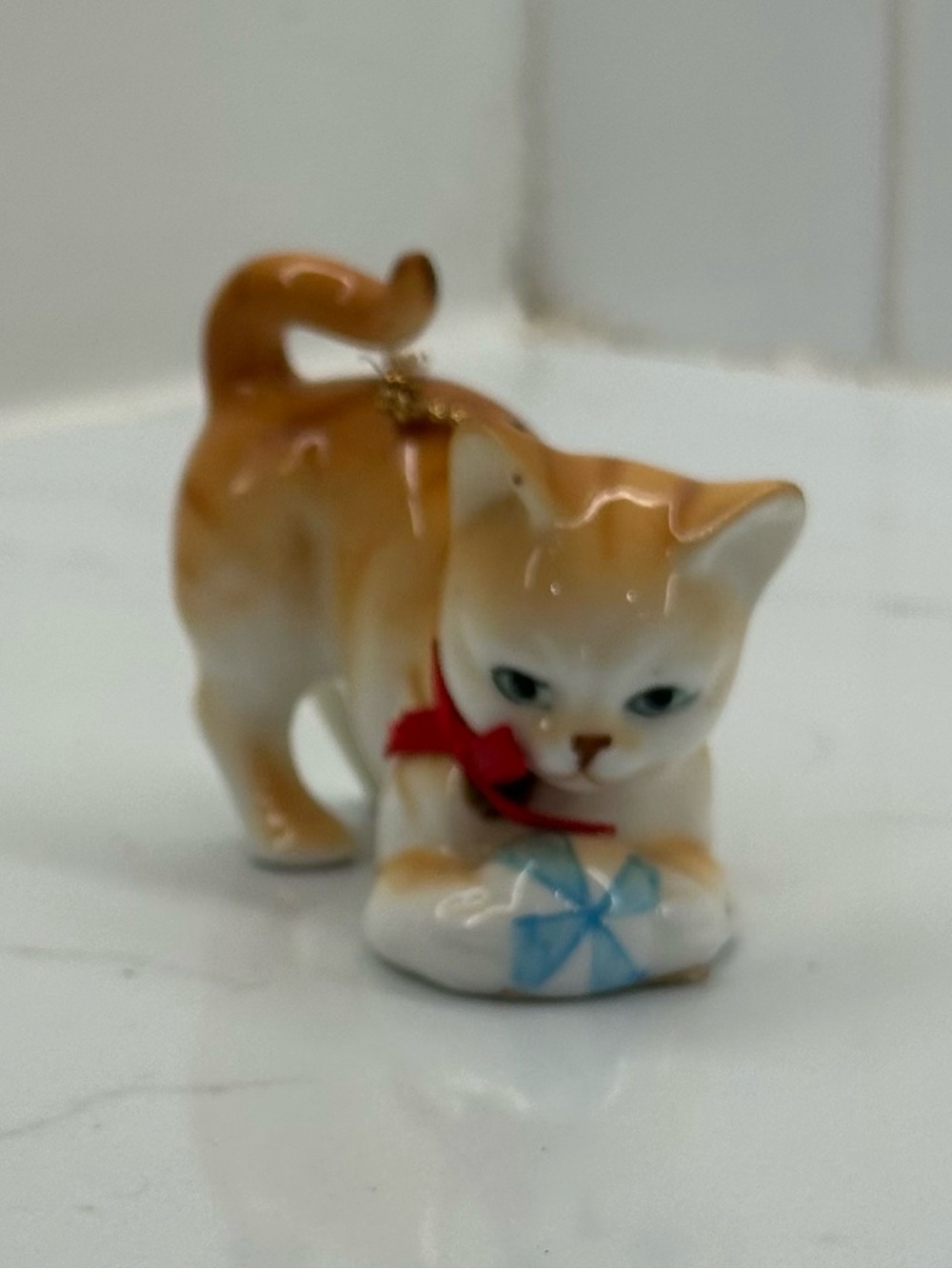 Vintage Bone China Taiwan Japan Ceramic Kitten Cat Figurine tabby, red collar